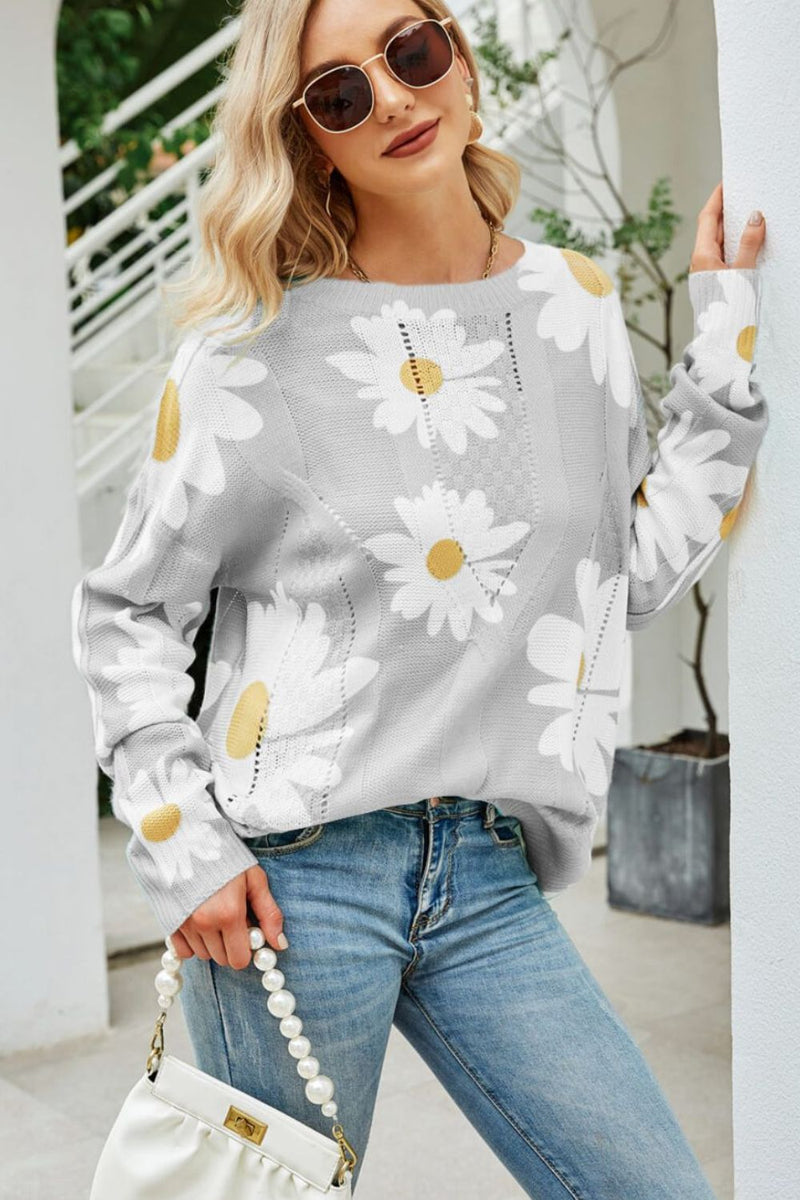 Daisy Print Openwork Round Neck Sweater - Bakers Shoes store