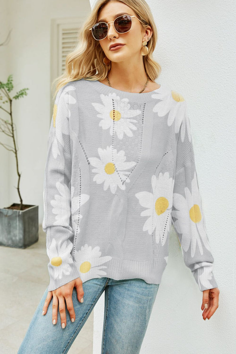 Daisy Print Openwork Round Neck Sweater - Bakers Shoes store