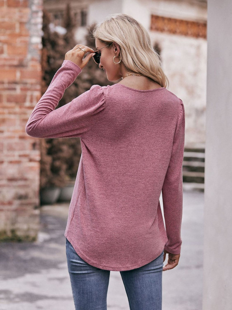 Pleated Detail Curved Hem Long Sleeve Top