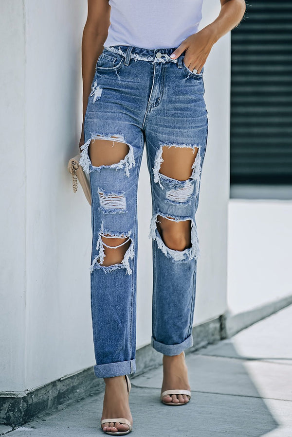 Distressed Frayed Trim Straight Leg Jeans - Bakers Shoes store