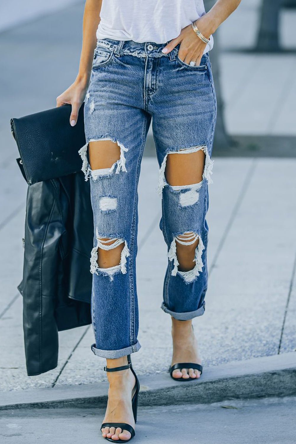 Distressed Frayed Trim Straight Leg Jeans - Bakers Shoes store
