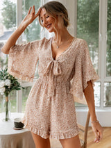 Ditsy Floral Bell Sleeve Tie-Front Romper - Bakers Shoes store