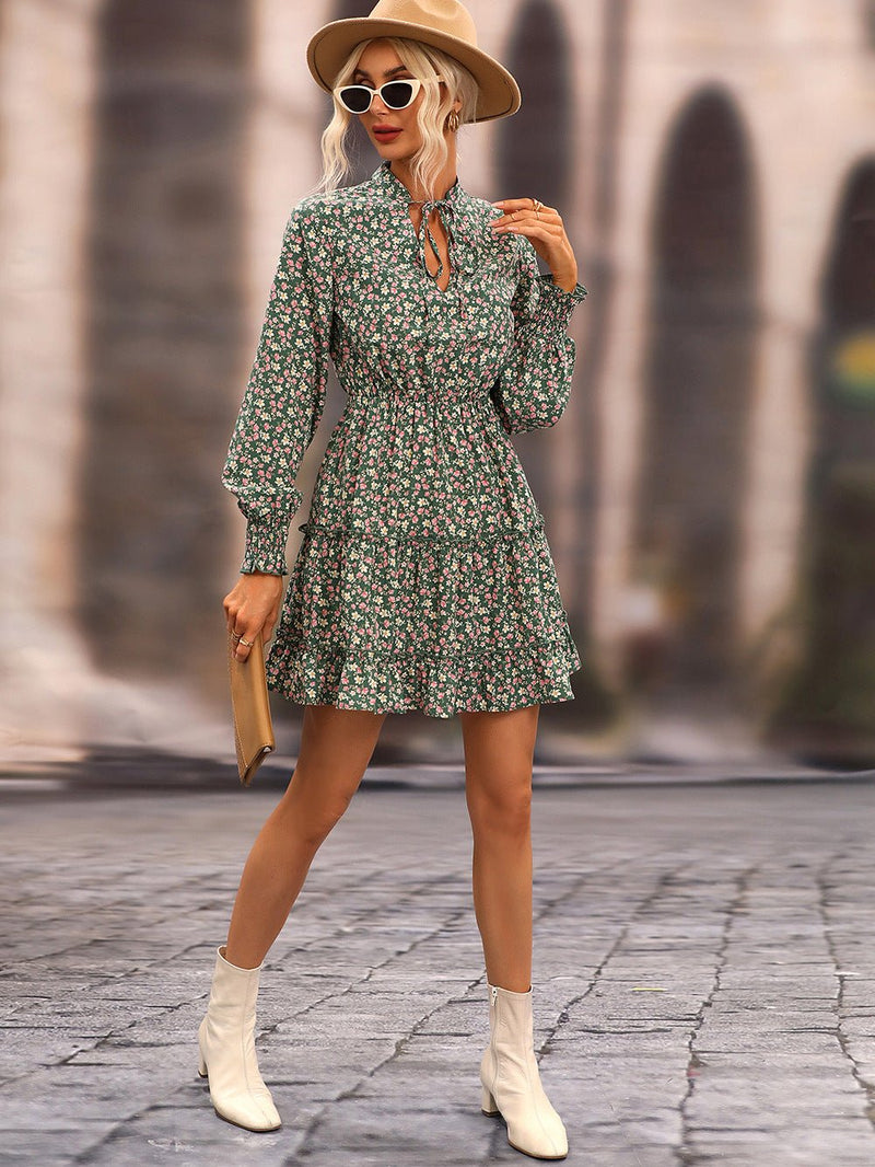 Ditsy Floral Frill Trim Tie-Neck Dress - Bakers Shoes store