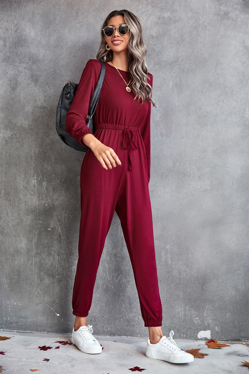 Drawstring Waist Round Neck Long Sleeve Jumpsuit - Bakers Shoes store