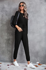Drawstring Waist Round Neck Long Sleeve Jumpsuit - Bakers Shoes store