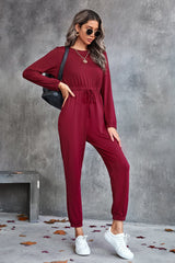 Drawstring Waist Round Neck Long Sleeve Jumpsuit - Bakers Shoes store