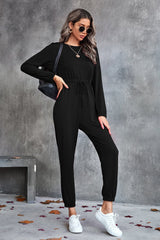 Drawstring Waist Round Neck Long Sleeve Jumpsuit - Bakers Shoes store