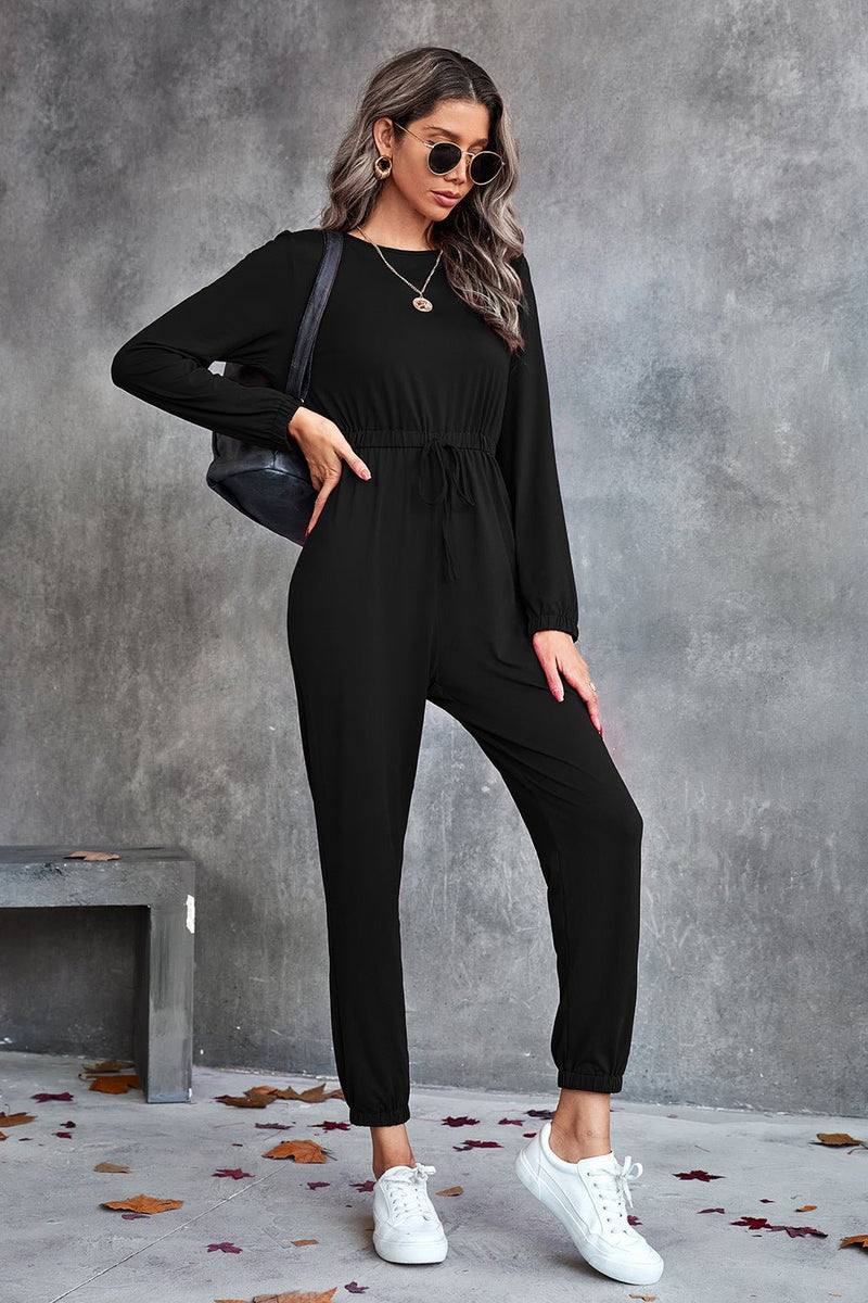 Drawstring Waist Round Neck Long Sleeve Jumpsuit - Bakers Shoes store