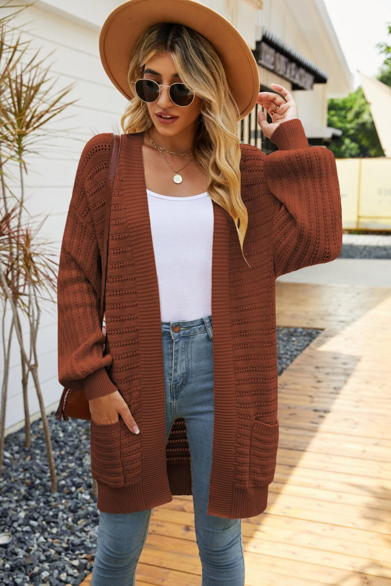 Dropped Shoulder Longline Cardigan with Pockets - Bakers Shoes store