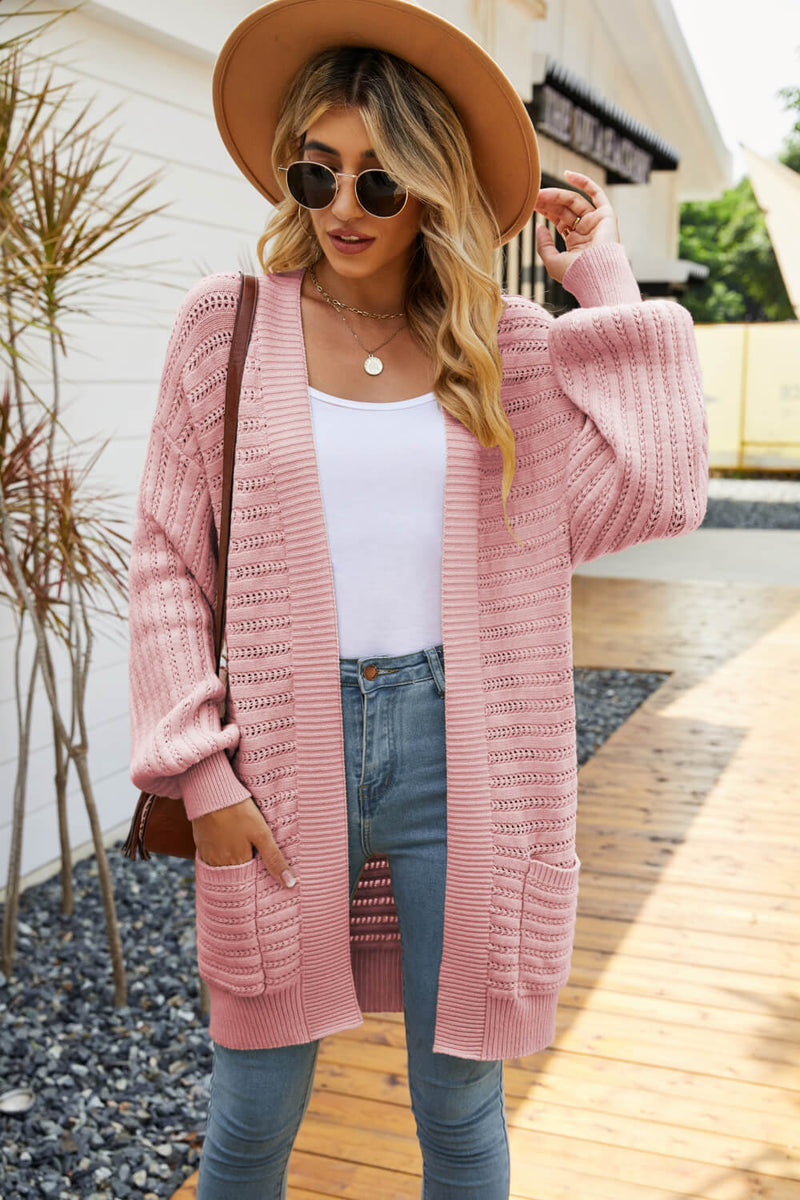 Dropped Shoulder Longline Cardigan with Pockets - Bakers Shoes store