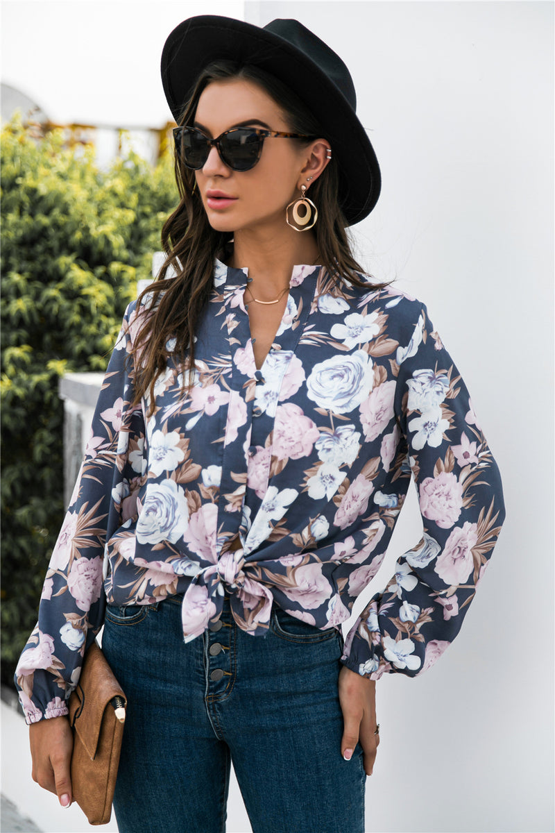 Floral Print Mock Neck Button Front Shirt