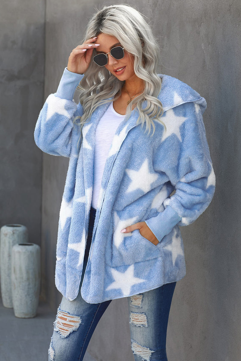 Star Open Front Fuzzy Hooded Jacket with Pockets