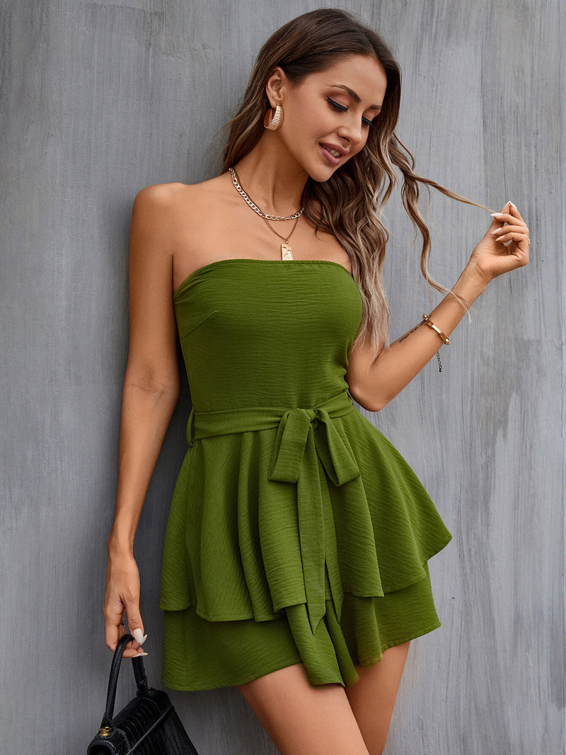 Strapless Belted Layered Romper