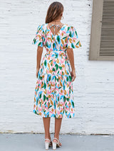 Printed Tie-Waist V-Neck Flutter Sleeve Dress