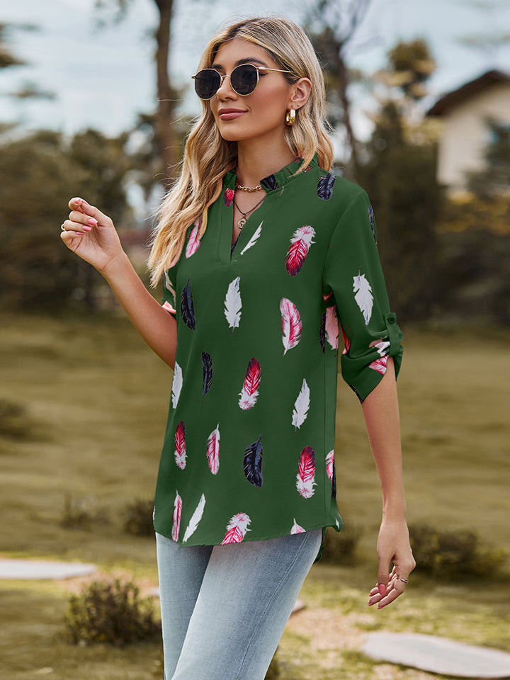 Printed Roll-Tab Sleeve Notched Neck Blouse