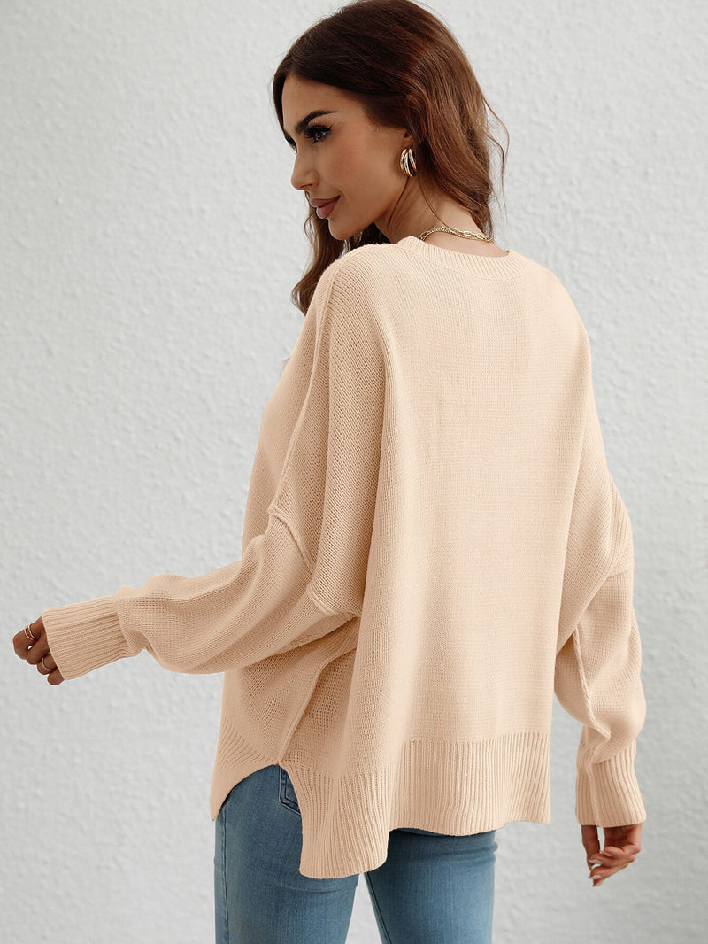 Exposed Seam Dropped Shoulder Slit Sweater - Bakers Shoes store