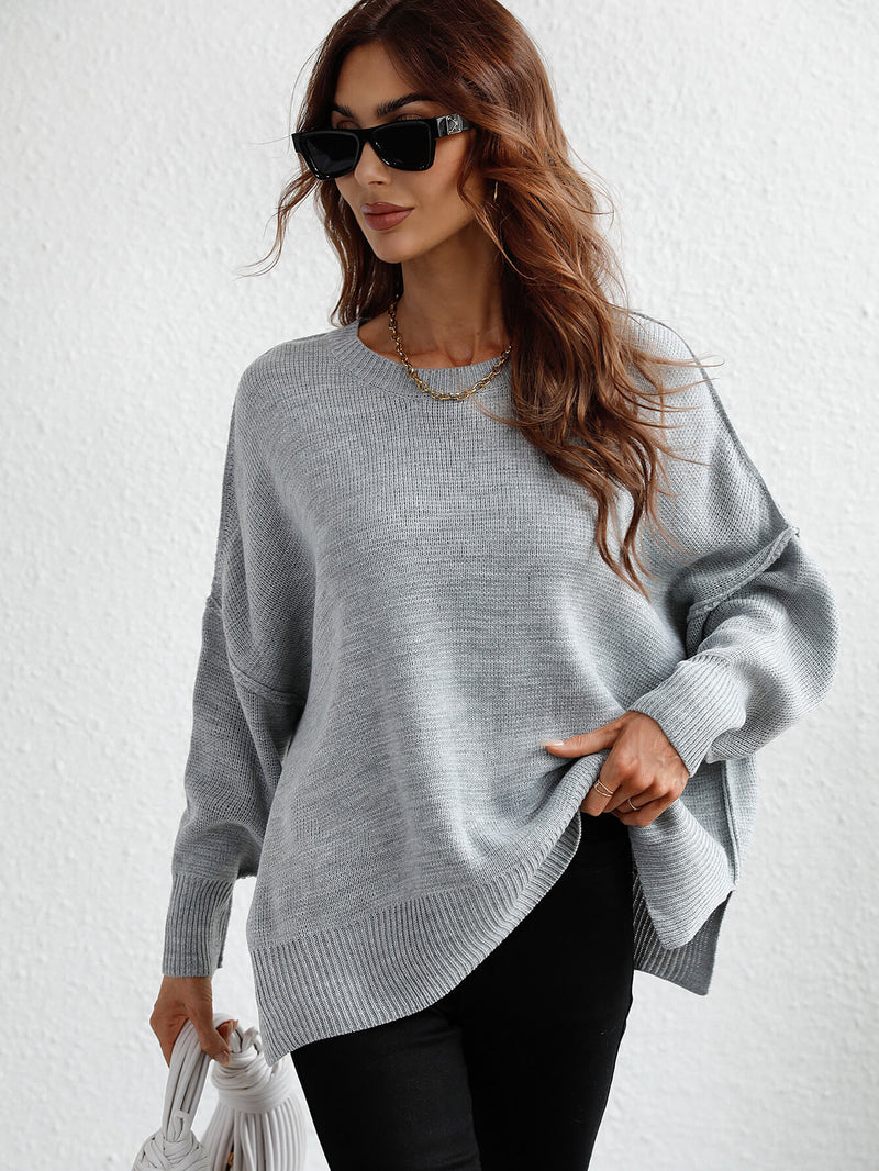 Exposed Seam Dropped Shoulder Slit Sweater - Bakers Shoes store