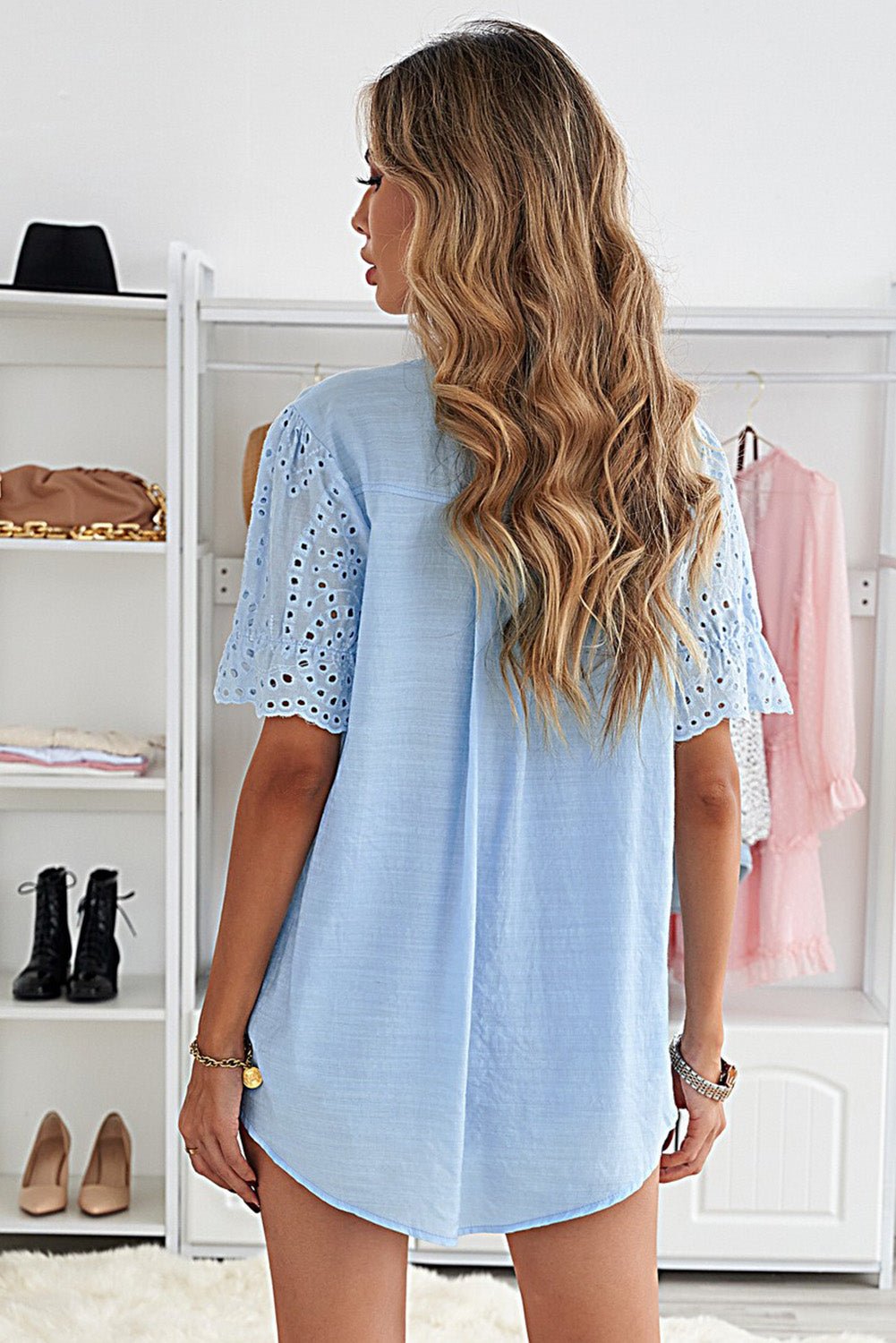 Eyelet Short Sleeve Pleated Blouse - Bakers Shoes store