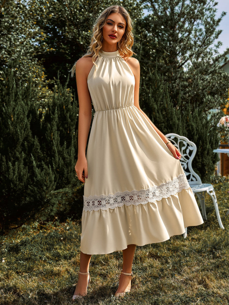 Grecian Neck Spliced Lace Midi Dress