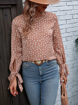 Printed Round Neck Tie Cuff Blouse