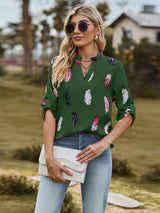 Printed Roll-Tab Sleeve Notched Neck Blouse