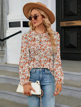 Printed Round Neck Flounce Sleeve Blouse