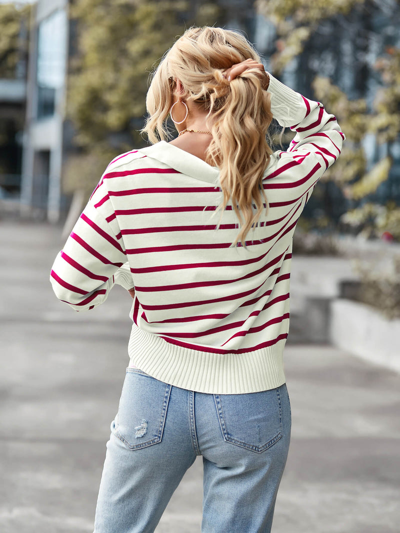 Striped Ribbed Trim Collared Knit Sweater
