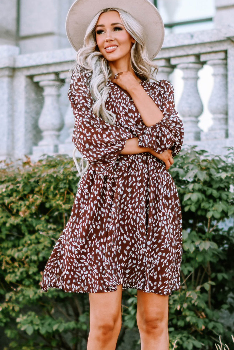 Printed Balloon Sleeve V-Neck Dress