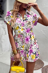Floral Drawstring Lapel Collar Romper with Pockets - Bakers Shoes store