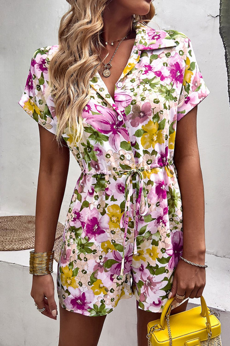 Floral Drawstring Lapel Collar Romper with Pockets - Bakers Shoes store