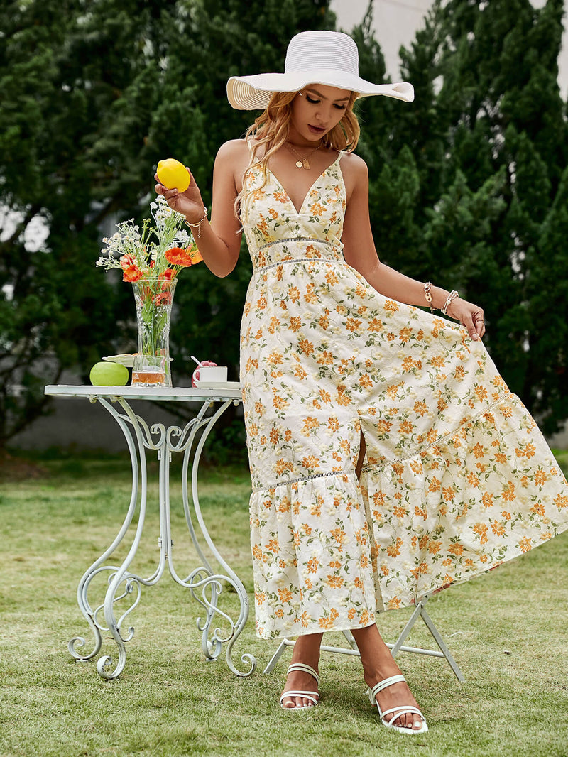 Floral Fake Pearl Button Slit Maxi Dress - Bakers Shoes store