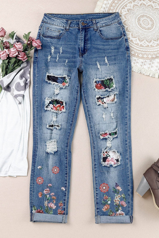 Floral Graphic Patchwork Distressed Jeans - Bakers Shoes store