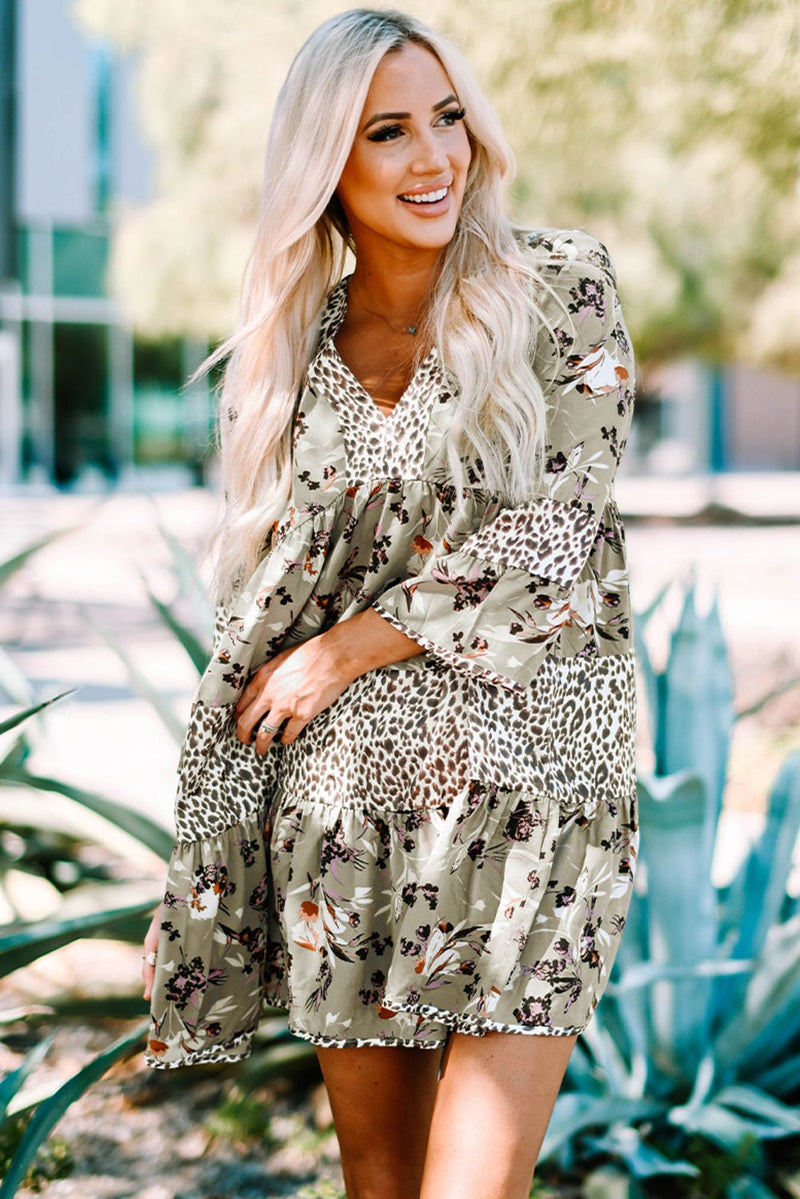 Floral Leopard Bell Sleeve Dress - Bakers Shoes store
