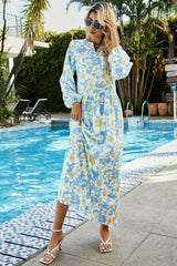 Floral Notched Neck Balloon Sleeve Maxi Dress - Bakers Shoes store