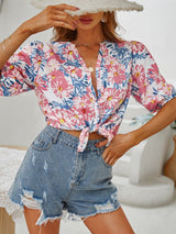 Floral Puff Sleeve V-Neck Shirt - Bakers Shoes store