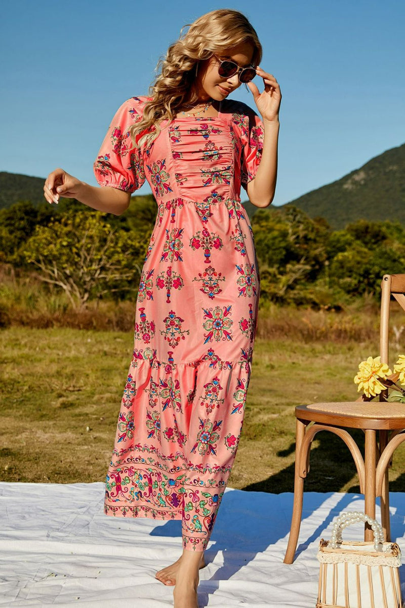 Floral Ruched Puff Sleeve Tiered Maxi Dress - Bakers Shoes store