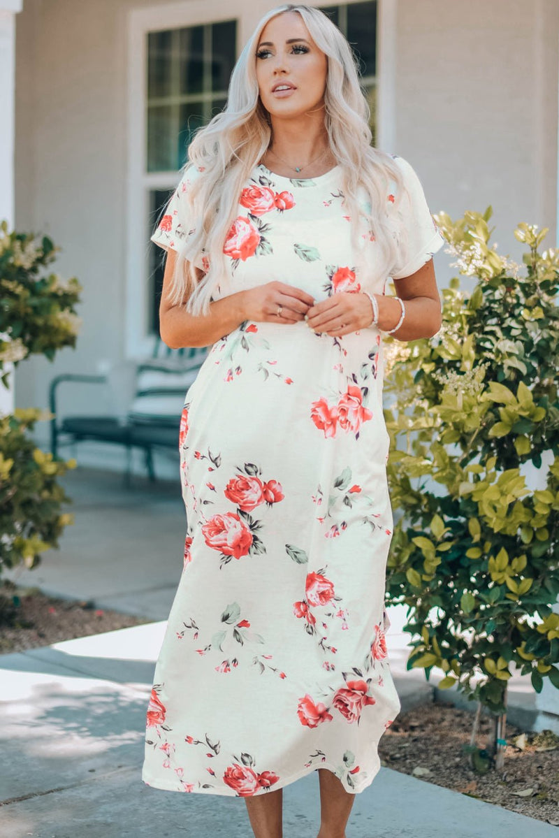 Floral Side Slit Cuffed Sleeve Midi Dress - Bakers Shoes store