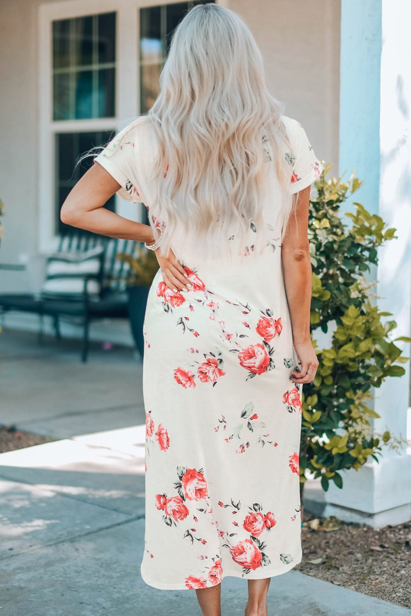 Floral Side Slit Cuffed Sleeve Midi Dress - Bakers Shoes store