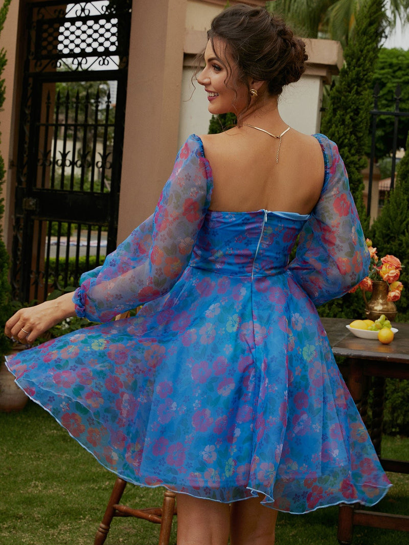 Floral Sweetheart Neck Balloon Sleeve Dress - Bakers Shoes store