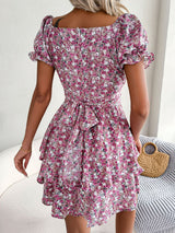 Floral Sweetheart Neck Flounce Sleeve Mini Dress - Bakers Shoes store