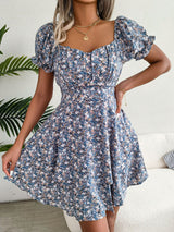 Floral Sweetheart Neck Flounce Sleeve Mini Dress - Bakers Shoes store