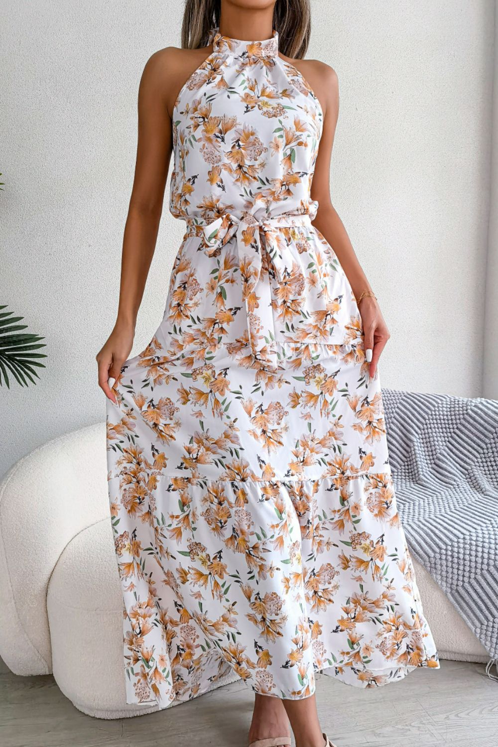 Floral Tie Waist Backless Maxi Dress - Bakers Shoes store