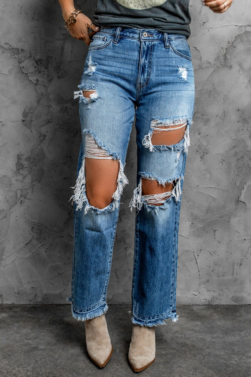 Distressed Straight Leg Jeans with Pockets