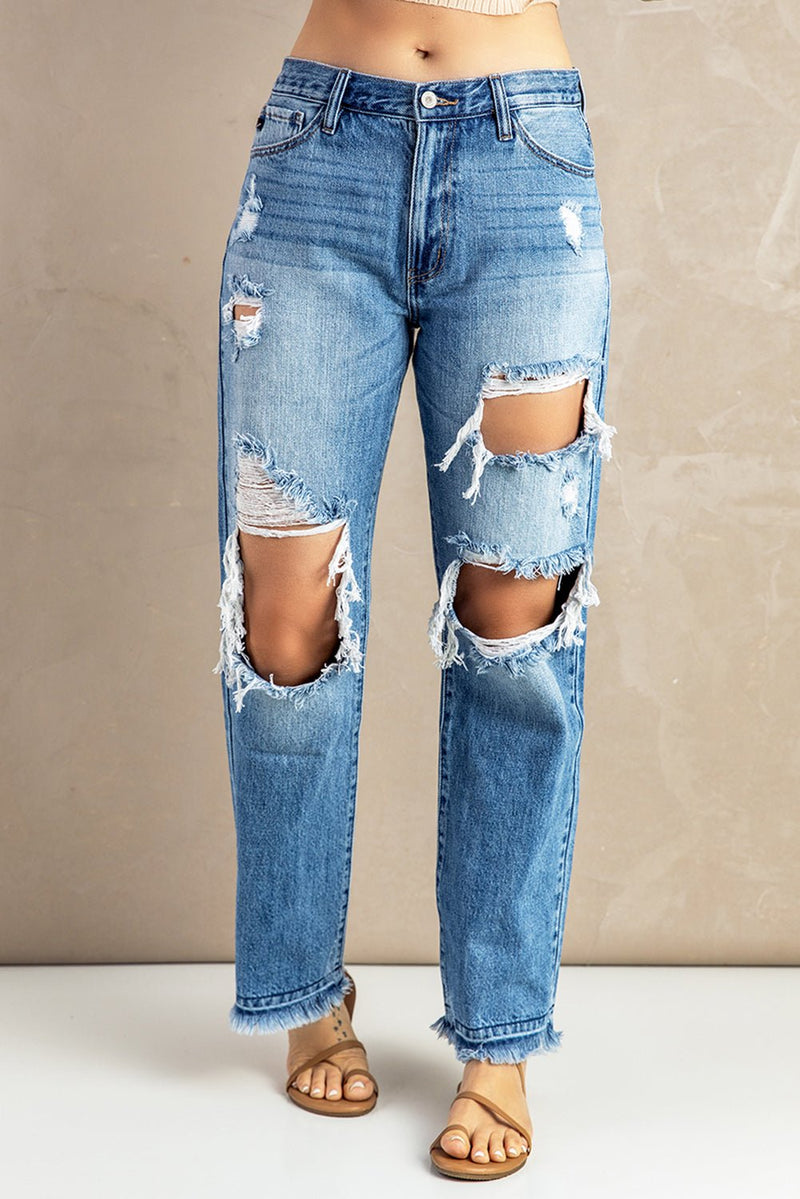 Frayed Hem Distressed Jeans with Pockets - Bakers Shoes store