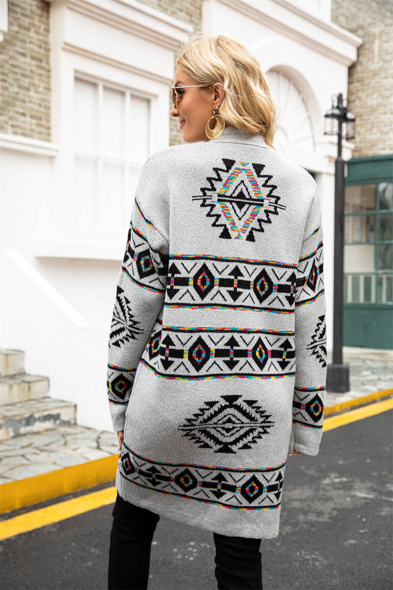 Geometric Open Front Longline Cardigan with Pockets - Bakers Shoes store