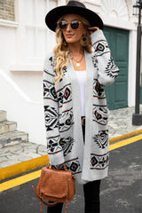 Geometric Open Front Longline Cardigan with Pockets - Bakers Shoes store