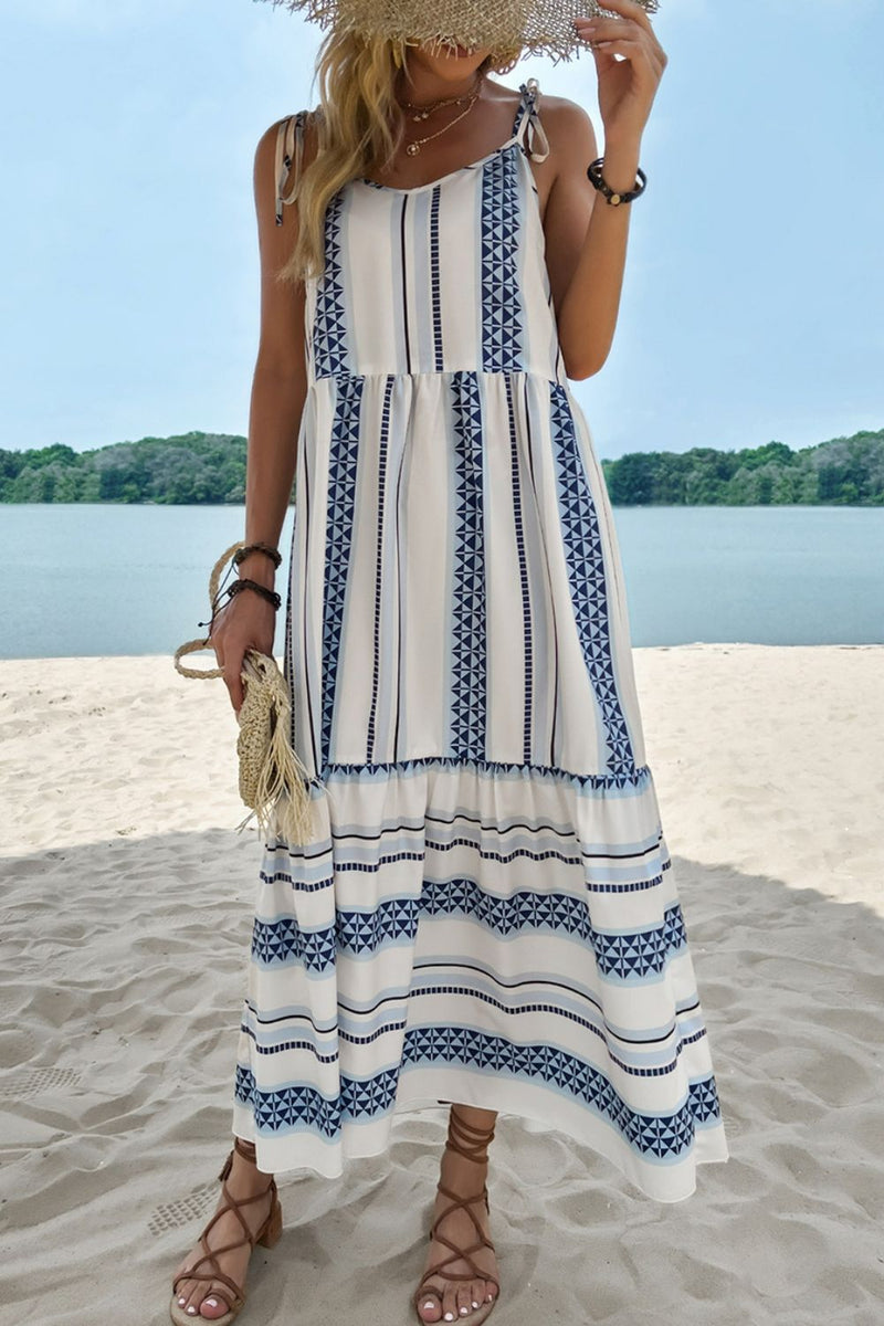 Geometric Print Tie-Shoulder Tiered Maxi Dress - Bakers Shoes store