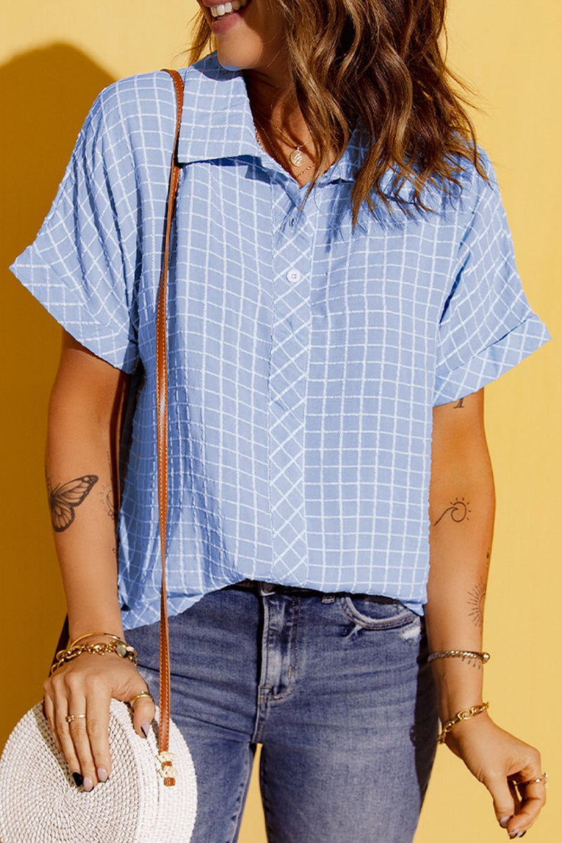 Grid Button Front Curved Hem Short Sleeve Shirt - Bakers Shoes store
