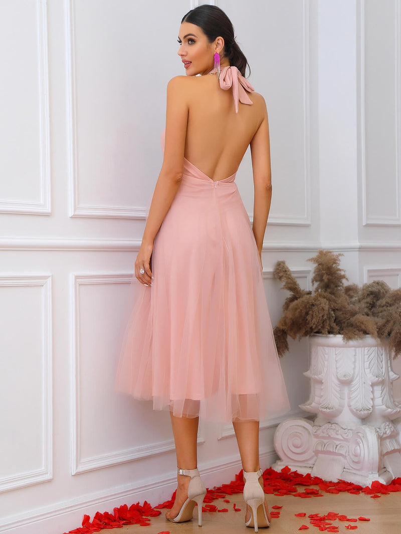 Halter Neck Backless Tulle Dress - Bakers Shoes store