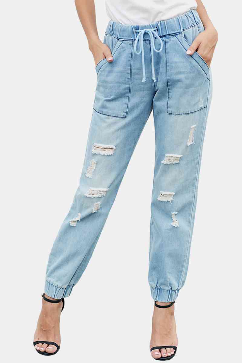 High Waist Elasticated Bottom Distressed Jeans - Bakers Shoes store